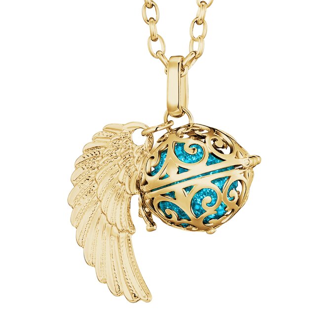 Morella Damen Halskette gold Edelstahl 70 cm mit goldenem Anhnger Engelsflgel und Klangkugel Zirkonia trkis  16 mm in Schmuckbeutel