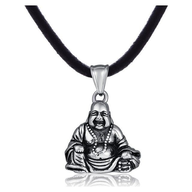 DonDon Herren Halskette Leder 50 cm und Anhnger Buddha aus Edelstahl verpackt in einem schwarzen Samtbeutel