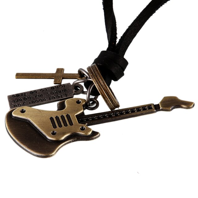 DonDon Herren Halskette aus Leder schwarz mit messingfarbenen E-Gitarren-Anhnger und Samtbeutel
