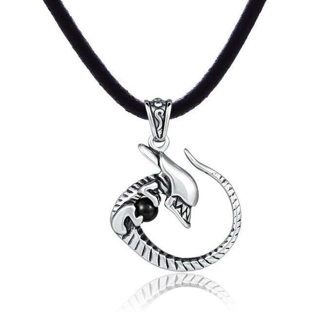 DonDon Herren Halskette Leder 50 cm und Alien Anhnger aus Edelstahl mit schwarzem Stein in einem Samtbeutel
