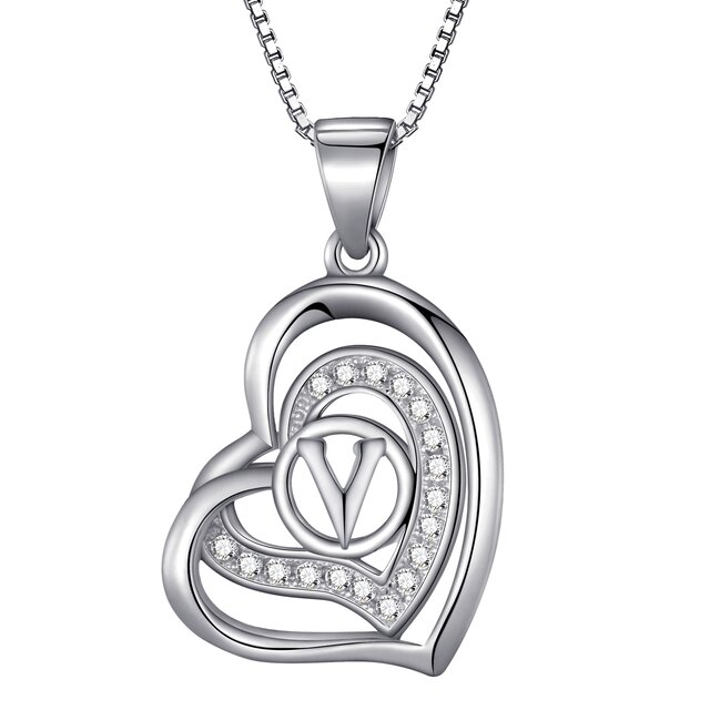 Morella® Damen Halskette Herz Buchstabe V 925 Silber rhodiniert mit Zirkoniasteinen weiß 46 cm
