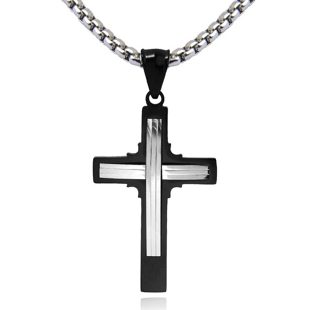 DonDon® Herren Halskette mit curved double Kreuz-Anhänger zweifarbig Edelstahl 52 cm silberfarben und Samtbeutel