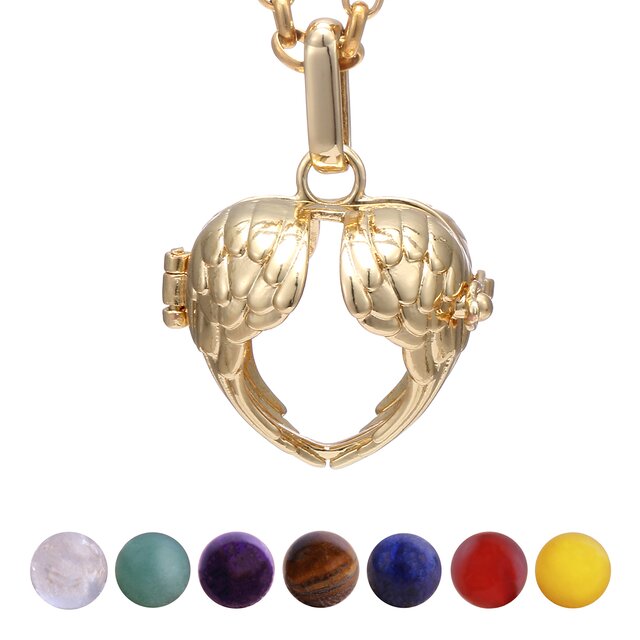 Morella Damen Halskette 70 cm Edelstahl gold mit Anhnger Herz Engelsflgel und 7 Edelsteinen Chakren-Kugeln in Schmuckbeutel
