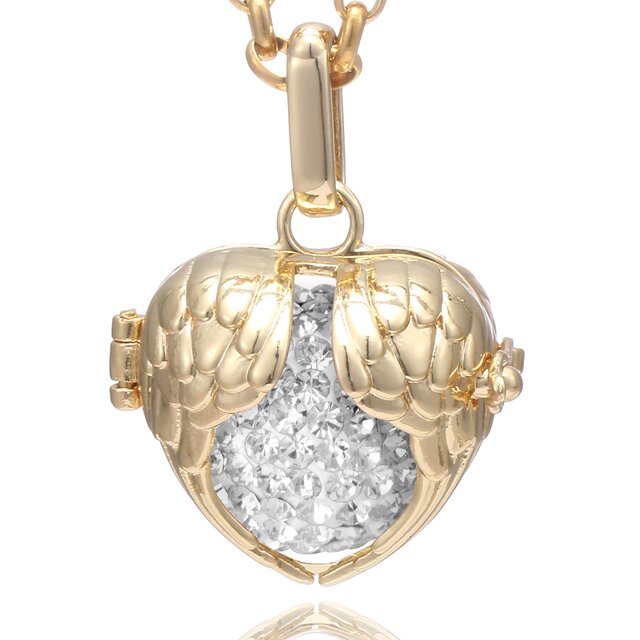 Morella Damen Halskette Edelstahl gold 70 cm mit Schutzengel Flügel Anhänger gold und Klangkugel Zirkonia weiß Ø 16 mm in Schmuckbeutel