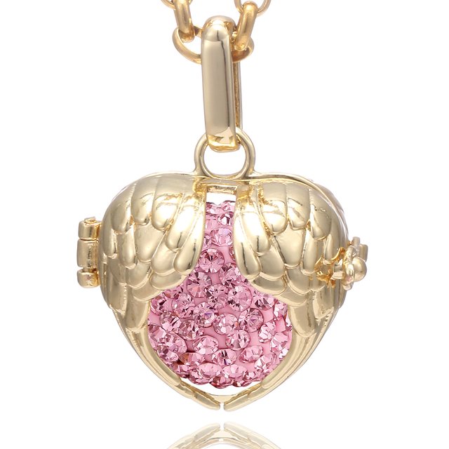 Morella Damen Halskette Edelstahl gold 70 cm mit Schutzengel Flügel Anhänger und Klangkugel rosa Ø 16 mm in Schmuckbeutel