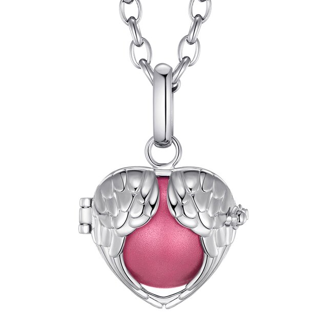 Morella® Damen Halskette Edelstahl 70 cm mit Engelsflügel Herz Anhänger und Klangkugel rosa Ø 16 mm in Schmuckbeutel