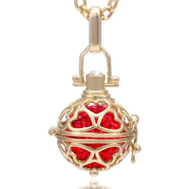 Morella Damen Halskette Edelstahl gold 70 cm mit Herz Anhänger und Klangkugel rot Ø 16 mm in Schmuckbeutel