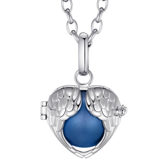 Morella® Damen Halskette Edelstahl 70 cm mit Engelsflügel Herz Anhänger und Klangkugel blau Ø 16 mm in Schmuckbeutel