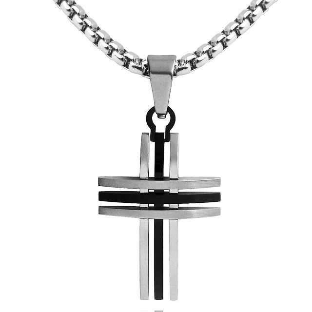 DonDon® Herren Halskette mit curved triple Kreuz-Anhänger zweifarbig Edelstahl 52 cm silberfarben und Samtbeutel