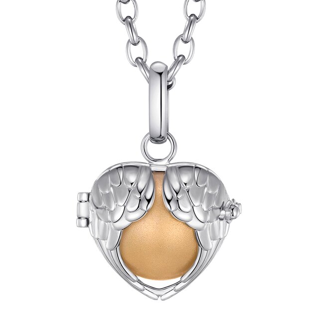 Morella® Damen Halskette Edelstahl 70 cm mit Engelsflügel Herz Anhänger und Klangkugel gold Ø 16 mm in Schmuckbeutel