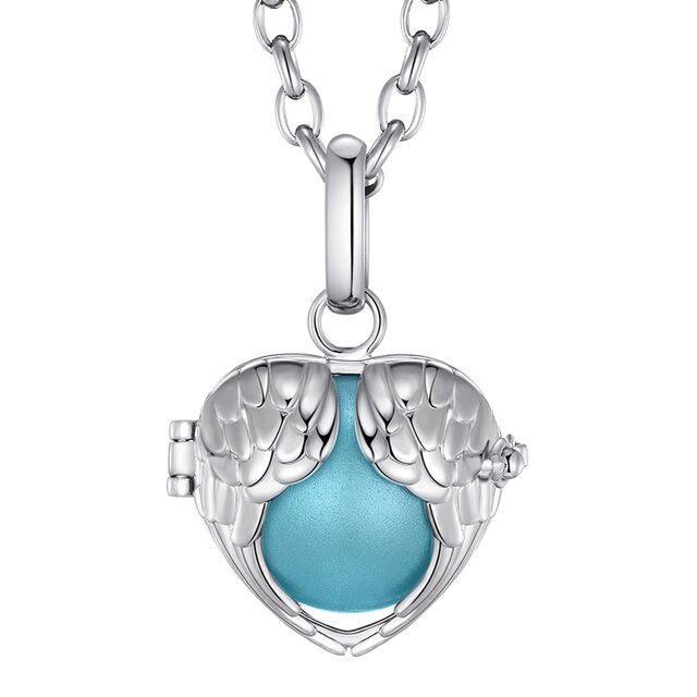 Morella® Damen Halskette Edelstahl 70 cm mit Engelsflügel Herz Anhänger und Klangkugel hellblau Ø 16 mm in Schmuckbeutel
