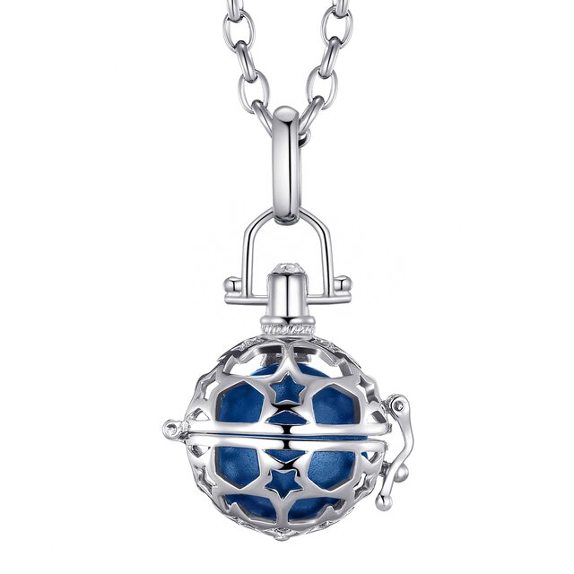 Morella Damen Schutzengel Halskette Edelstahl 70 cm mit Anhänger Sterne und Klangkugel blau Ø 16 mm in Schmuckbeutel