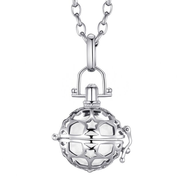 Morella Damen Schutzengel Halskette Edelstahl 70 cm mit Anhänger Sterne und Klangkugel weiß Ø 16 mm in Schmuckbeutel