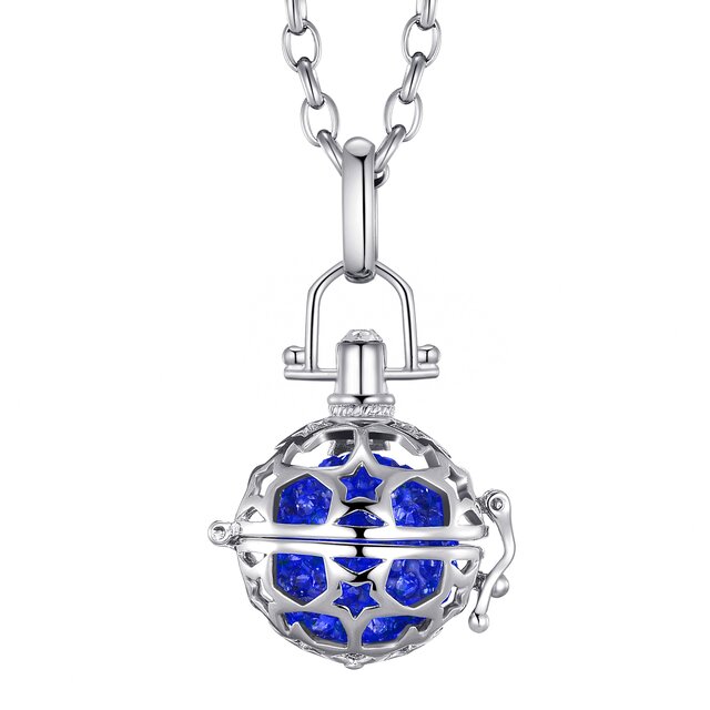 Morella Damen Schutzengel Halskette Edelstahl 70 cm mit Anhänger Sterne und Klangkugel Zirkonia blau Ø 16 mm in Schmuckbeutel