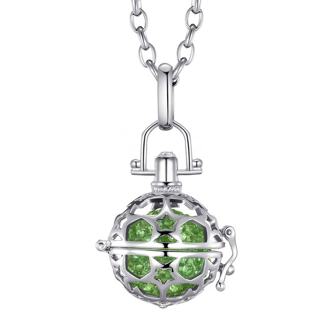 Morella Damen Schutzengel Halskette Edelstahl 70 cm mit Anhänger Sterne und Klangkugel Zirkonia grün Ø 16 mm in Schmuckbeutel