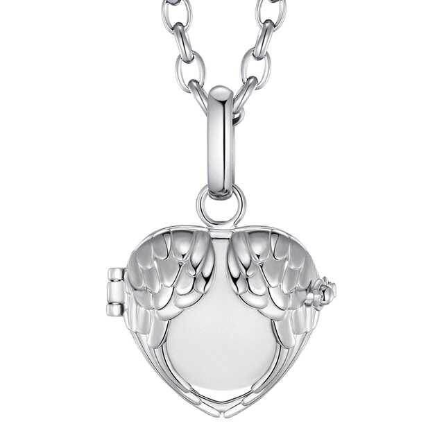 Morella® Damen Halskette Edelstahl 70 cm mit Engelsflügel Herz Anhänger und Klangkugel weiß Ø 16 mm in Schmuckbeutel