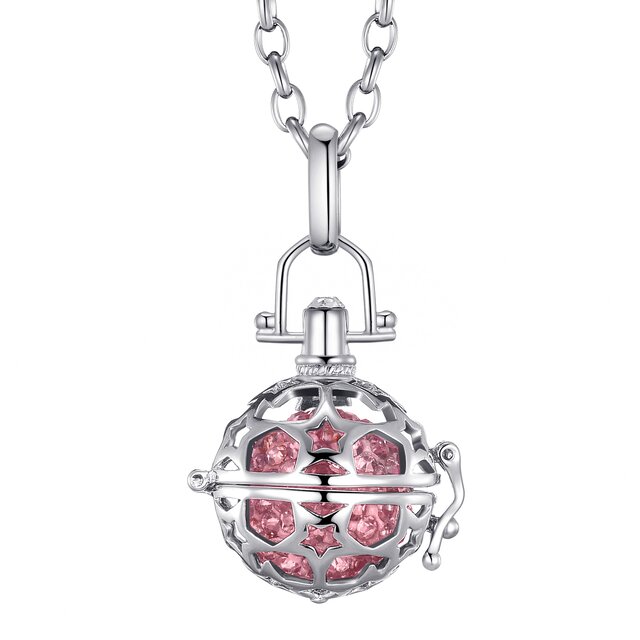 Morella Damen Schutzengel Halskette Edelstahl 70 cm mit Anhänger Sterne und Klangkugel rosa Ø 16 mm in Schmuckbeutel