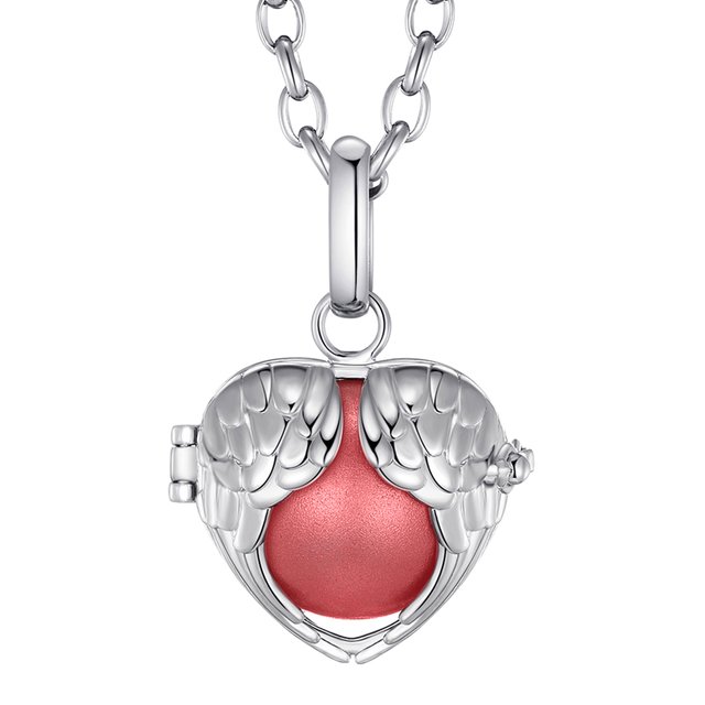 Morella® Damen Halskette Edelstahl 70 cm mit Engelsflügel Herz Anhänger und Klangkugel rot Ø 16 mm in Schmuckbeutel
