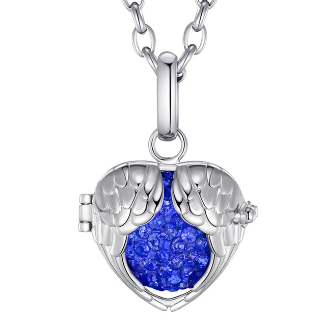 Morella® Damen Halskette Edelstahl 70 cm mit Engelsflügel Herz Anhänger und Klangkugel Zirkonia blau Ø 16 mm in Schmuckbeutel