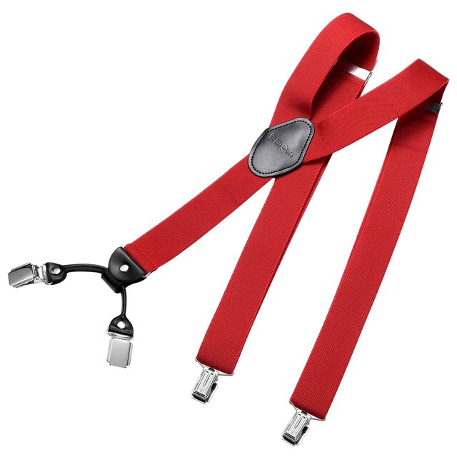 DonDon® Herren Hosenträger breit 4 Clips mit Leder in Y-Form - elastisch und längenverstellbar - Dunkelrot