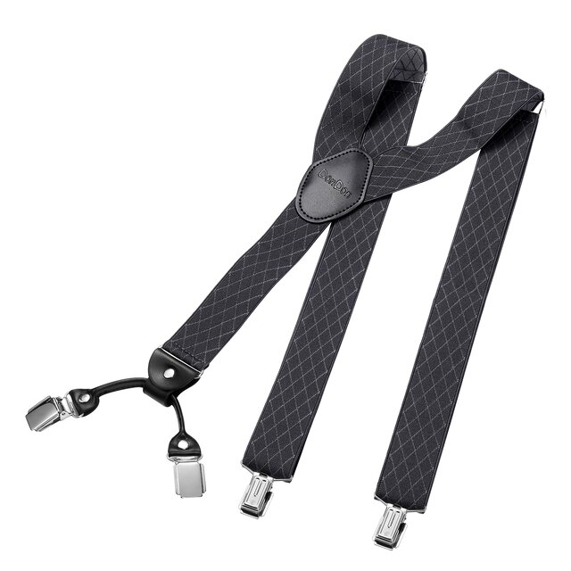 DonDon® Herren Hosenträger breit 4 Clips mit Leder in Y-Form - elastisch und längenverstellbar - Raute Grau
