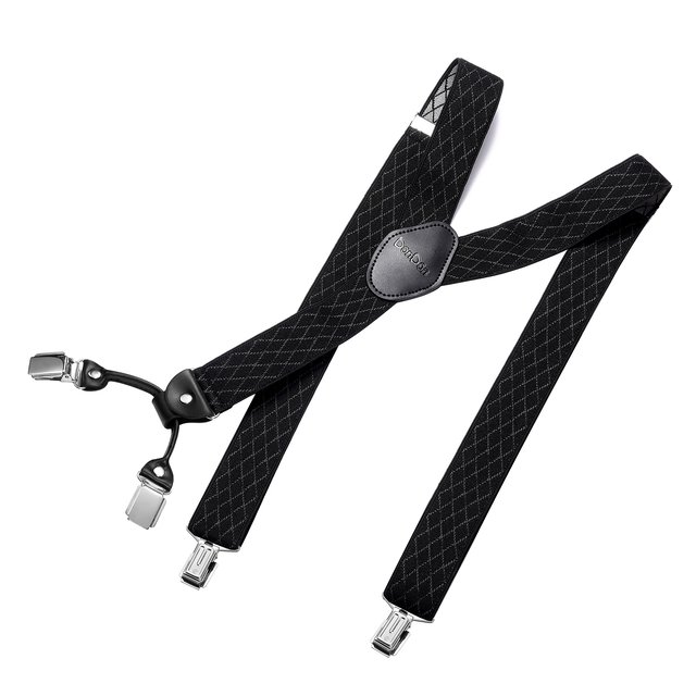 DonDon® Herren Hosenträger breit 4 Clips mit Leder in Y-Form - elastisch und längenverstellbar - Raute Schwarz