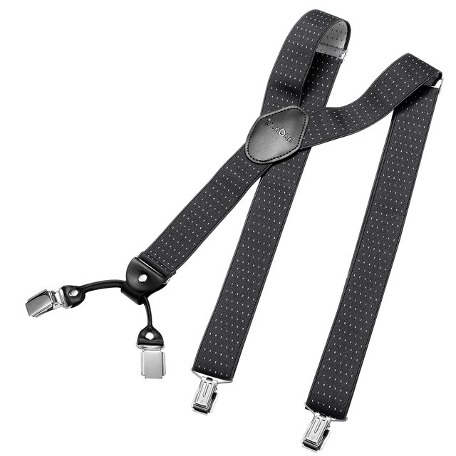 DonDon® Herren Hosenträger breit 4 Clips mit Leder in Y-Form - elastisch und längenverstellbar - Gepunktet-Grau Weiß