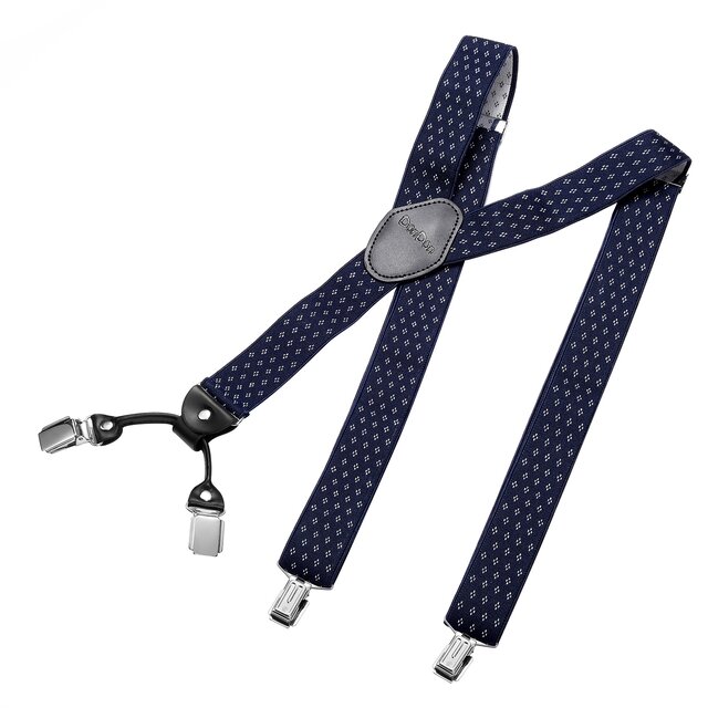 DonDon® Herren Hosenträger breit 4 Clips mit Leder in Y-Form - elastisch und längenverstellbar - Rauten-Blau Weiß