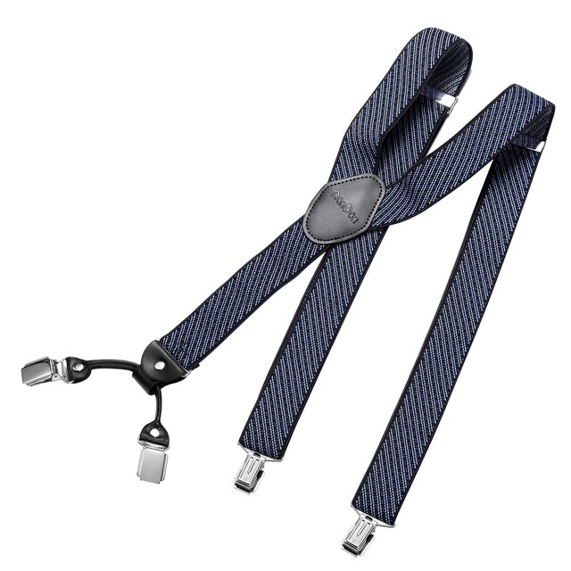 DonDon Herren Hosentrger breit 4 Clips mit Leder in Y-Form - elastisch und lngenverstellbar - Gestreift-Blau Schwarz