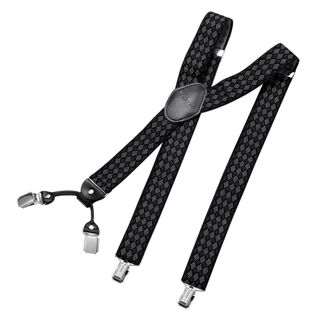 DonDon® Herren Hosenträger breit 4 Clips mit Leder in Y-Form - elastisch und längenverstellbar - Rauten-Schwarz Grau Weiß