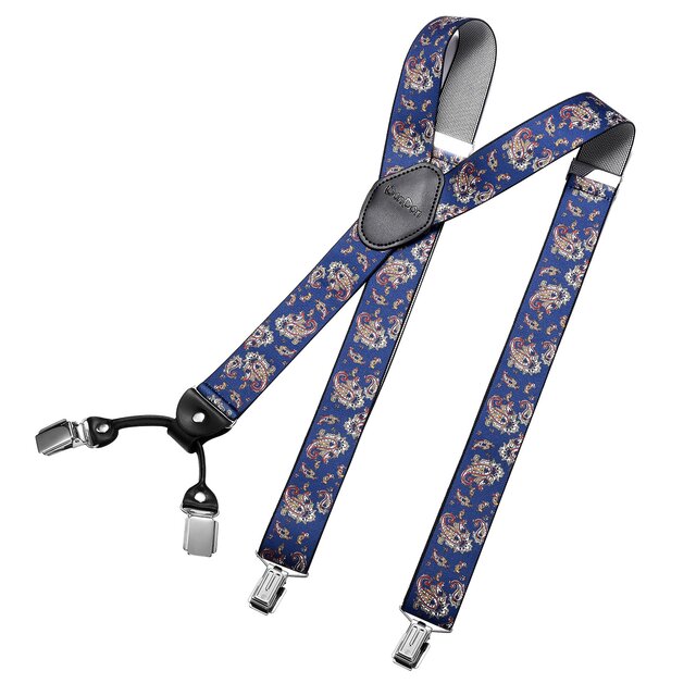 DonDon® Herren Hosenträger breit 4 Clips mit Leder in Y-Form - elastisch und längenverstellbar - Paisley Blau