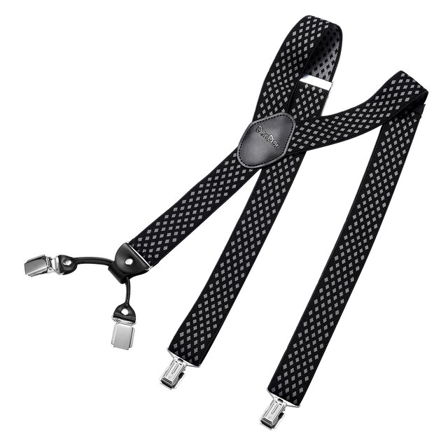 DonDon® Herren Hosenträger breit 4 Clips mit Leder in Y-Form - elastisch und längenverstellbar - Rauten-Schwarz Grau