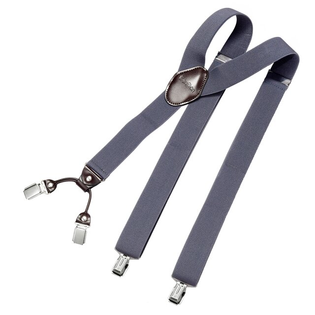 DonDon Herren Hosenträger 3,5 cm breit 4 Clips mit braunem Leder in Y-Form elastisch und längenverstellbar - grau-blau