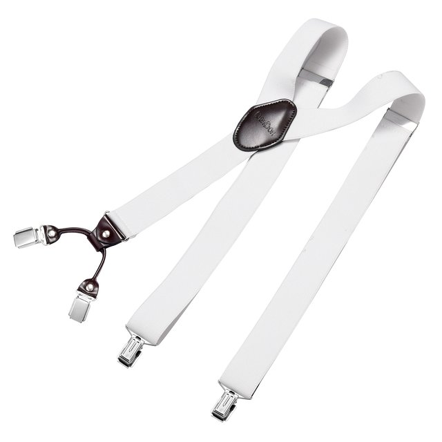 DonDon Herren Hosenträger 3,5 cm breit 4 Clips mit braunem Leder in Y-Form elastisch und längenverstellbar - weiß
