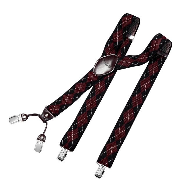 DonDon Herren Hosenträger 3,5 cm breit 4 Clips mit braunem Leder in Y-Form elastisch und längenverstellbar - kariert schwarz grau