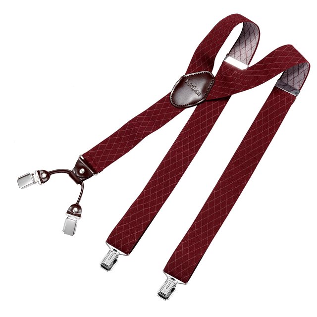 DonDon Herren Hosenträger 3,5 cm breit 4 Clips mit braunem Leder in Y-Form elastisch und längenverstellbar - Raute rot