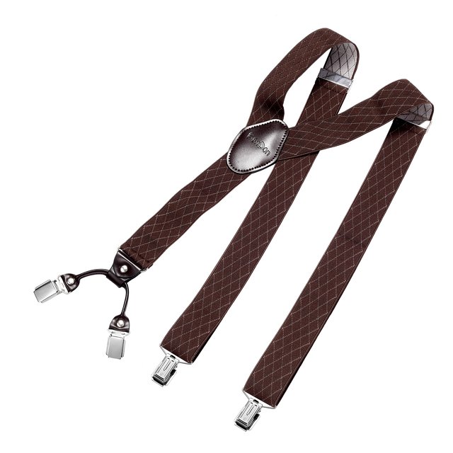 DonDon Herren Hosenträger 3,5 cm breit 4 Clips mit braunem Leder in Y-Form elastisch und längenverstellbar - Raute braun
