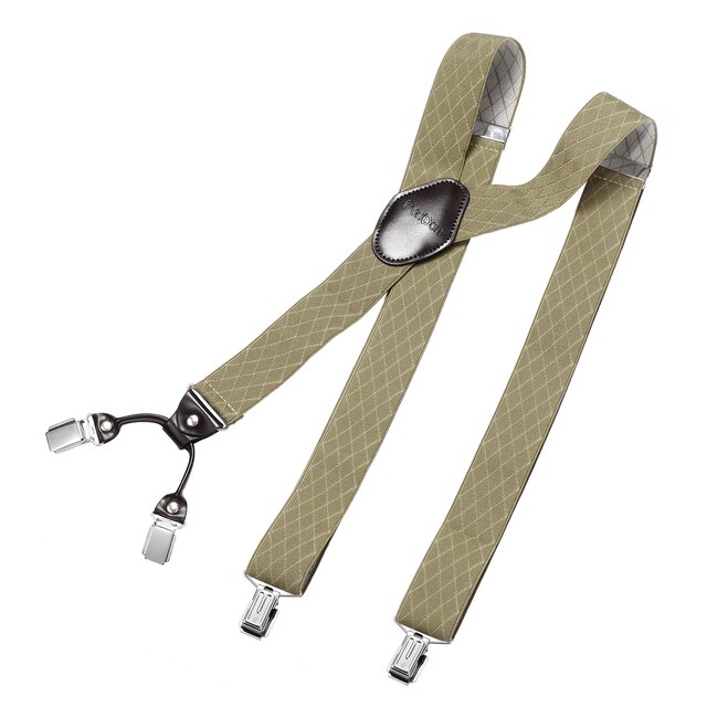DonDon Herren Hosenträger 3,5 cm breit 4 Clips mit braunem Leder in Y-Form elastisch und längenverstellbar - Raute hellbraun