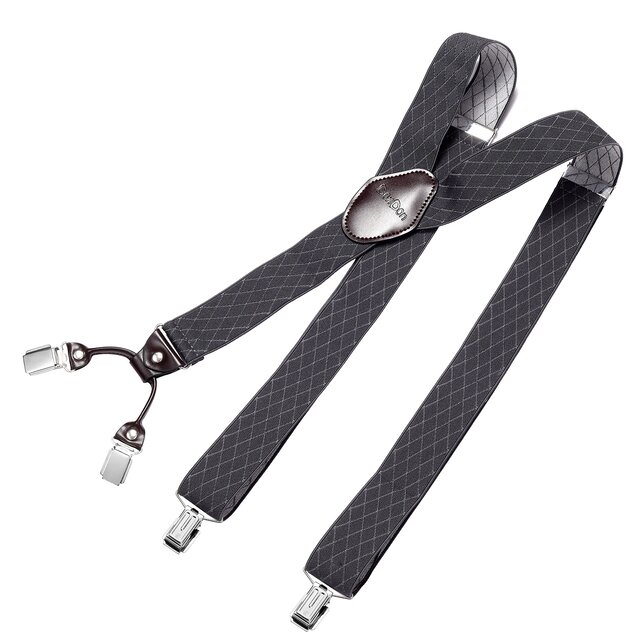 DonDon Herren Hosenträger 3,5 cm breit 4 Clips mit braunem Leder in Y-Form elastisch und längenverstellbar - Raute grau