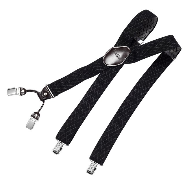 DonDon Herren Hosenträger 3,5 cm breit 4 Clips mit braunem Leder in Y-Form elastisch und längenverstellbar - Raute schwarz