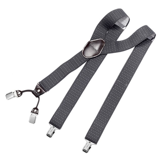 DonDon Herren Hosenträger 3,5 cm breit 4 Clips mit braunem Leder in Y-Form elastisch und längenverstellbar - gepunktet grau weiß