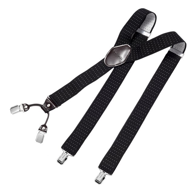 DonDon Herren Hosenträger 3,5 cm breit 4 Clips mit braunem Leder in Y-Form elastisch und längenverstellbar - gepunktet schwarz weiß