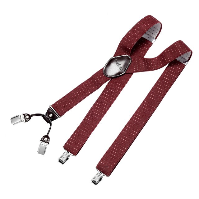 DonDon Herren Hosenträger 3,5 cm breit 4 Clips mit braunem Leder in Y-Form elastisch und längenverstellbar - gepunktet rot weiß