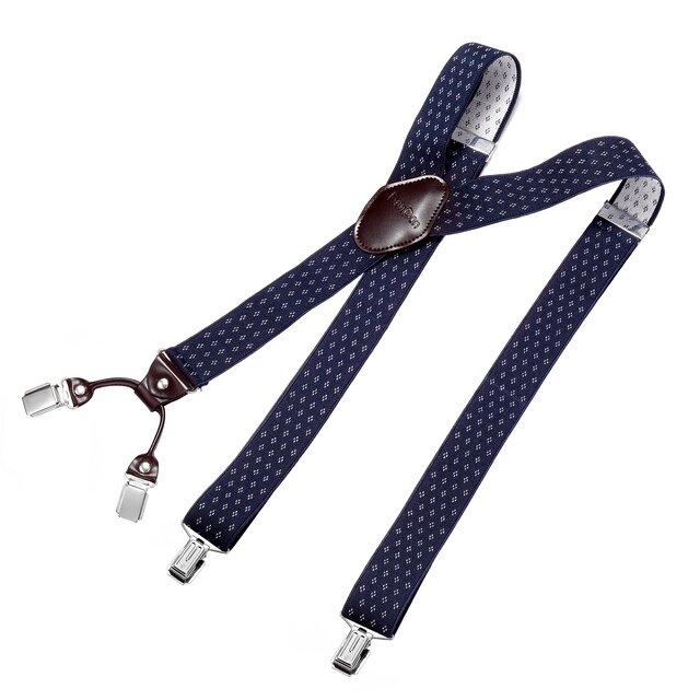 DonDon Herren Hosenträger 3,5 cm breit 4 Clips mit braunem Leder in Y-Form elastisch und längenverstellbar - Rauten blau weiß