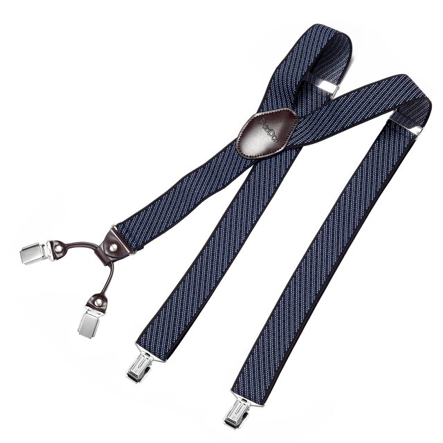 DonDon Herren Hosenträger 3,5 cm breit 4 Clips mit braunem Leder in Y-Form elastisch und längenverstellbar - gestreift blau schwarz