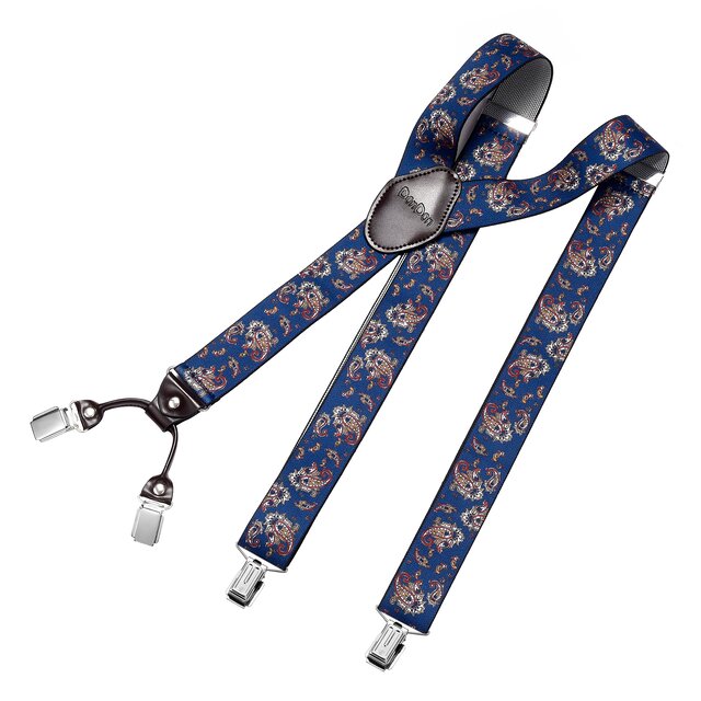 DonDon Herren Hosenträger 3,5 cm breit 4 Clips mit braunem Leder in Y-Form elastisch und längenverstellbar - Paisley blau