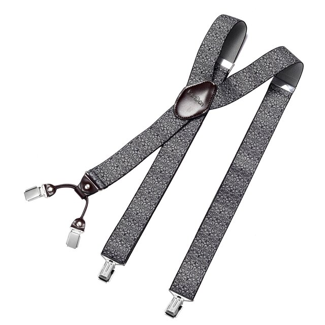DonDon Herren Hosenträger 3,5 cm breit 4 Clips mit braunem Leder in Y-Form elastisch und längenverstellbar - Paisley grau