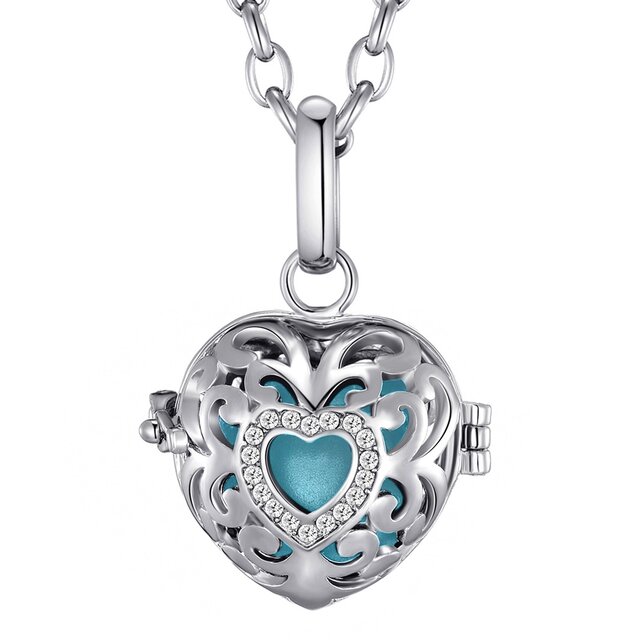 Morella Damen Schutzengel Halskette Edelstahl 70 cm mit Anhänger Herz Liebe und Klangkugel hellblau Ø 16 mm in Schmuckbeutel