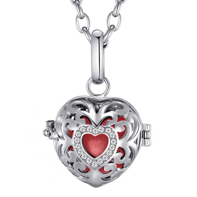 Morella Damen Schutzengel Halskette Edelstahl 70 cm mit Anhänger Herz Liebe und Klangkugel rot Ø 16 mm in Schmuckbeutel