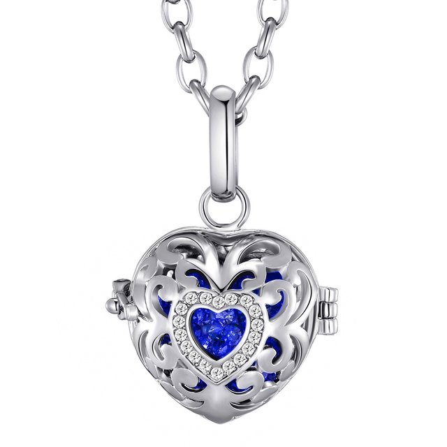Morella Damen Schutzengel Halskette Edelstahl 70 cm mit Anhänger Herz Liebe und Klangkugel Zirkonia blau Ø 16 mm in Schmuckbeutel